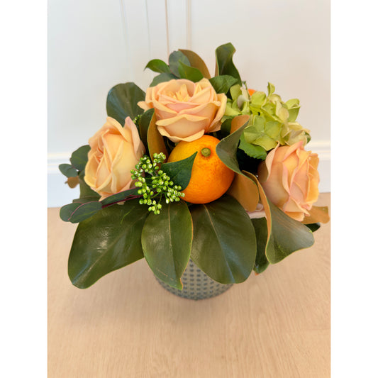 Peach Roses, Hydrangea & Orange Surprise Arrangement 14"H13"W