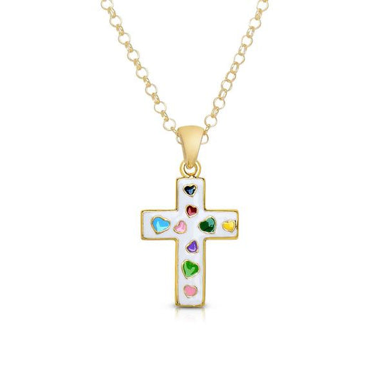 LYN Multicolored Cross Necklace 14" - White (162N-WT)