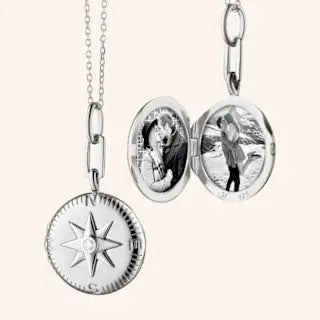 MRK "Adventure" Compass Sterling Silver Locket Necklace W/ White Sapphire 18"