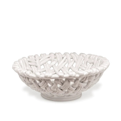 Hand Woven Ceramic Round Basket - White 15"