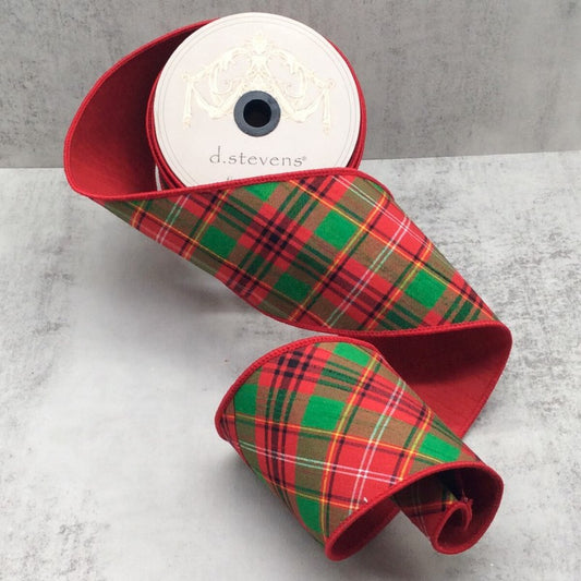 Dupion Diagonal Asher Plaid Ribbon - Red Back, Red, Green, White 4" X 10yds