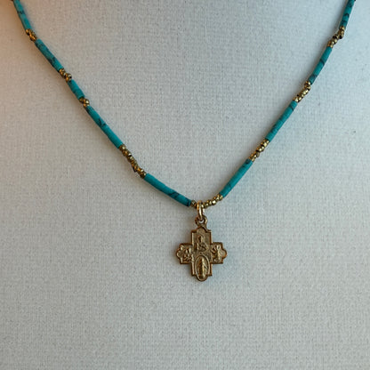 Tiny 4 Way Cross with Turquoise Tube Beads