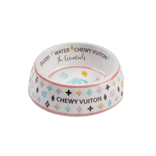 White Chewy Vuiton Dog Bowl - Small 4.5"