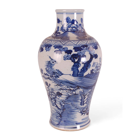 Blue & White Vase with Phoenix Design 19"