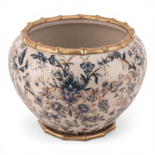Floral Round Planter with Bronze Ormolu - Midnight Garden - 12"D