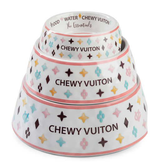 White Chewy Vuiton Dog Bowl - Medium 7.1"