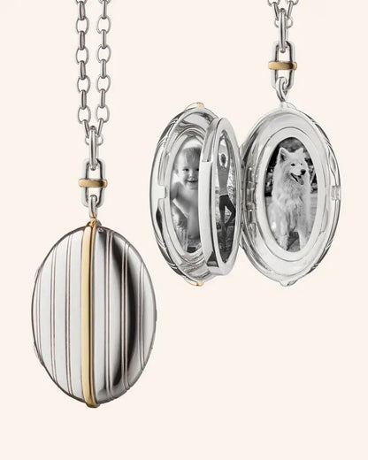 MRK Two-Tone 4 Image Sterling Silver Pinstripe Locket Necklace