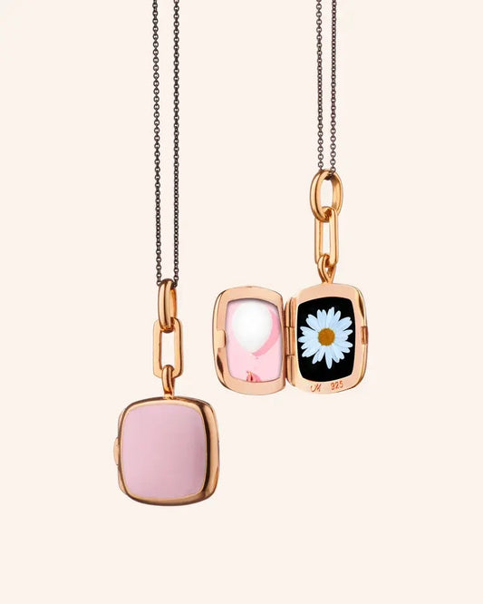 MRK Pink Enamel Sterling Silver & Rose Gold Cushion Locket Necklace