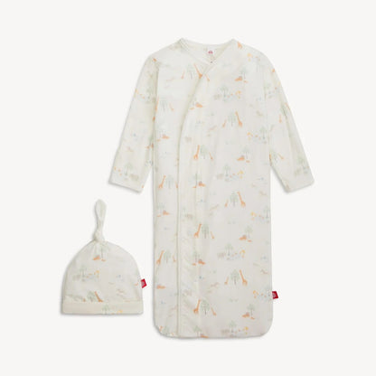 Serene Safari - White - Newborn Gown & Hat Set
