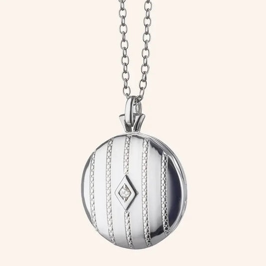MRK Beaded Sterling Silver Locket Necklace W/ Center Diamond
