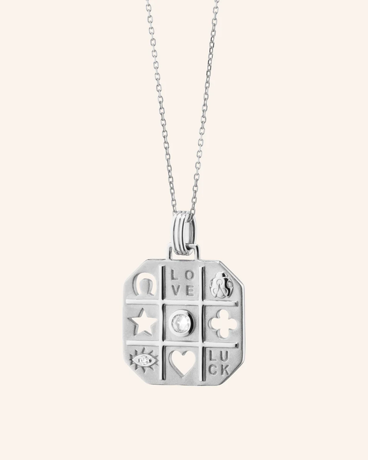 Sterling Silver Necklace - with "Luck" Charm with White Sapphire - 18"