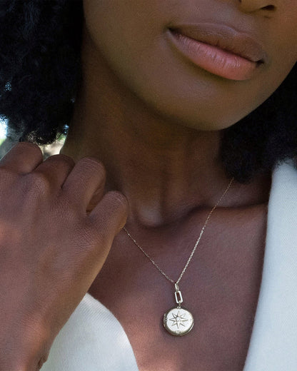 MRK "Adventure" Compass Sterling Silver Locket Necklace W/ White Sapphire 18"