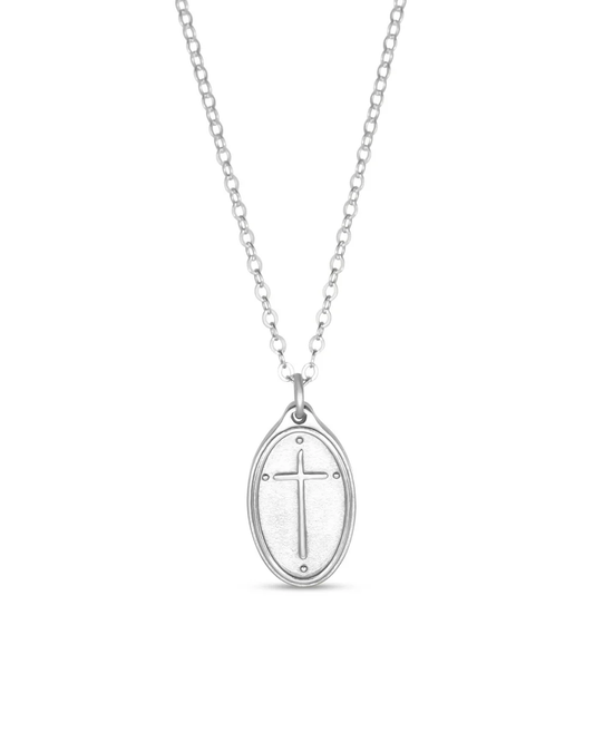 Romans 5:8 - Petite Oval Cross Necklace 16"