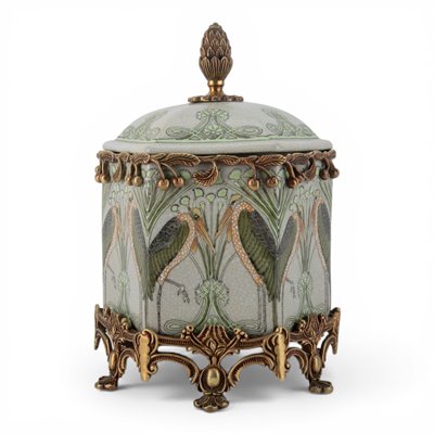 Hexagonal Box with Bronze Ormulo - Art Nouveau Heron - 9"H