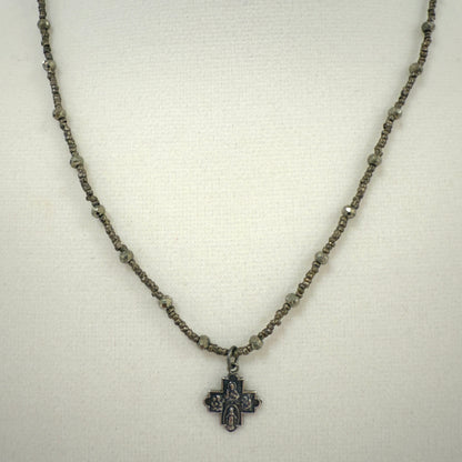 AB-N Tiny Sterling Cross on Pyrite & Dark Heishi