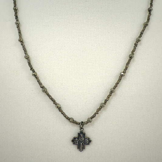 AB-N Tiny Sterling Cross on Pyrite & Dark Heishi