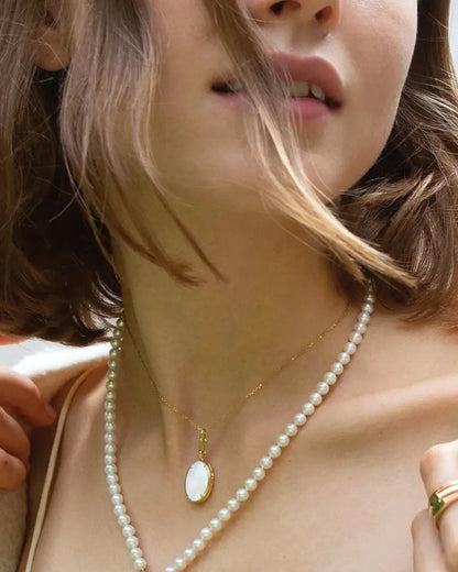 MRK "Elle" Slim Gold & Mother of Pearl Locket Necklace - 18KYG