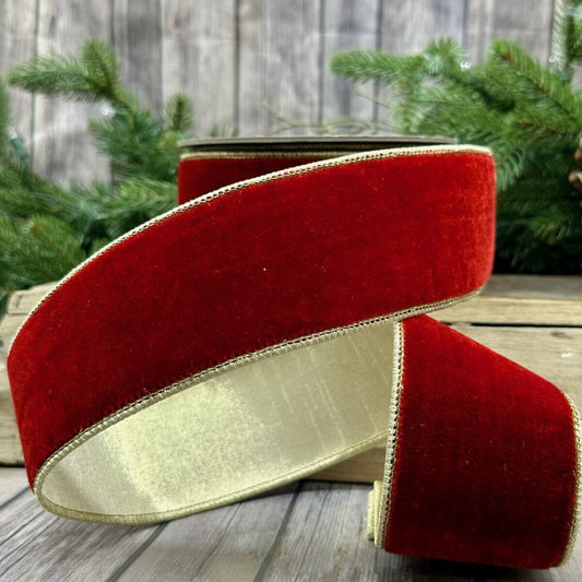 Crown Velvet Metallic Gold Backing Ribbon - Red 2.5" X 10yds