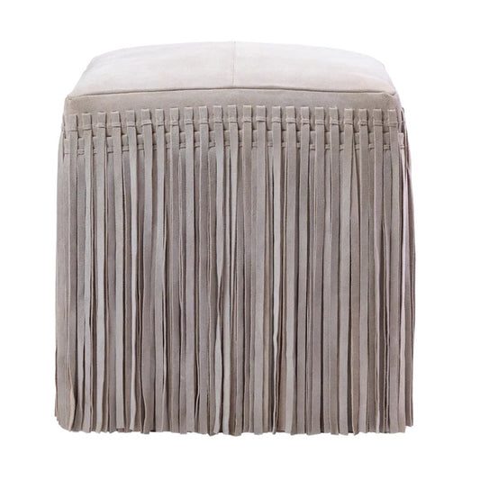 Bone Suede Fringe Square Ottoman 18x18