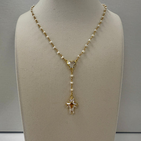 GDS Necklace - Pearl Beaded Rosary Chain with Crystal Cross