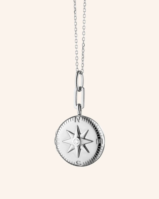 MRK "Adventure" Compass Sterling Silver Locket Necklace W/ White Sapphire 18"