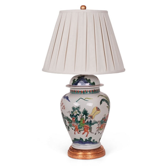 Multicolored Jar Lamp with Gold Leaf Base & Pleated Shade 28.5"