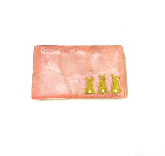Capiz Rectangular Tray with Gold Bunnies 6" - Pink