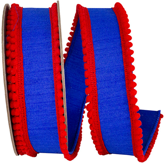 1.5" X 5Yd Pom Pom Mini Edge Dupioni Ribbon - Royal/Red
