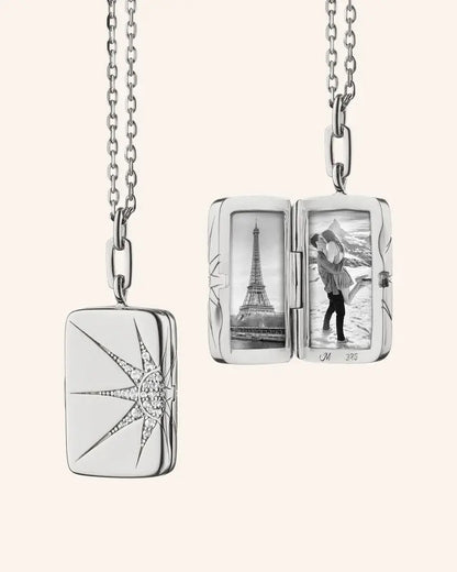MRK Sun & Star Sterling Silver Locket Necklace W/White Sapphires
