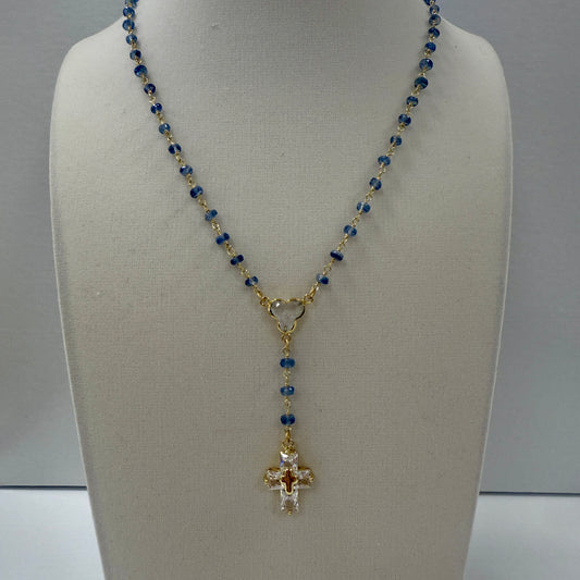 GDS Necklace - Iolite Beaded Rosary Chain with Crystal Cross