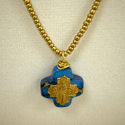 AB-N Tiny Cross on Blue Jasper with Seed Beads