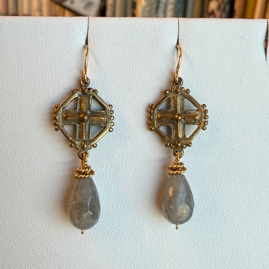 Bronze Cross Earrings with Labradorite Drop