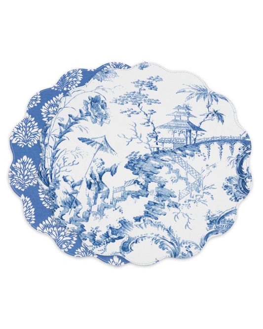 Vida - Chinoiserie Reversible Round Placemats 15.5" - White & Blue - Set/4