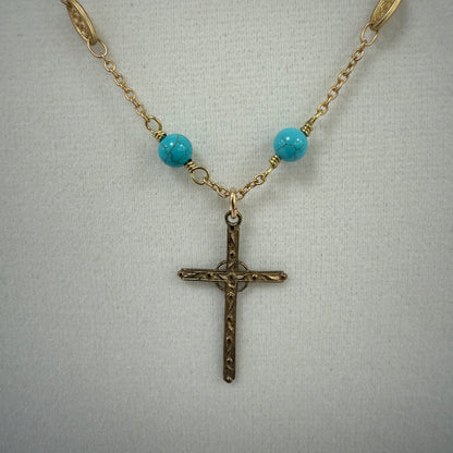 AB-N Slim Cross on Filigree Chain with Turq Beads