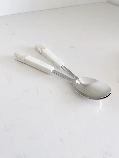 White Marble Serving Spoon with Mother of Pearl Inlay