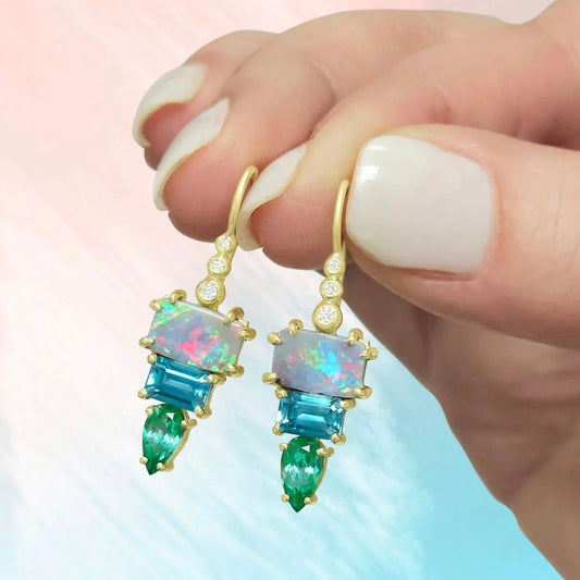 SLJ Earring - Triple Stone Opal B Zircon G Tourm 18ktYG .06ct Dia