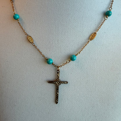 Slim Cross on Filigree Chain with Turquoise Beads