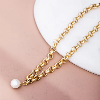 Turkish Gold Choker with White Pearl Drop 18"
