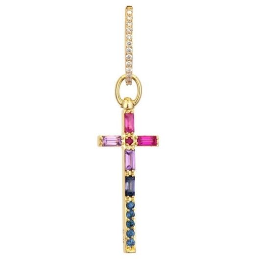 TSJ CH - Rainbow Sapphire & Diamond Cross Charm, .12tcw dia, 14KTY