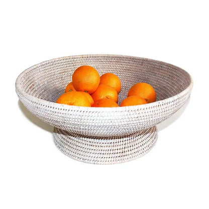 Rattan Round Pedestal Fruit Basket - White Wash