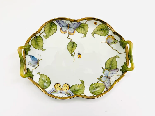 Handpainted Large Tray with Handles - Green Leaf 12"