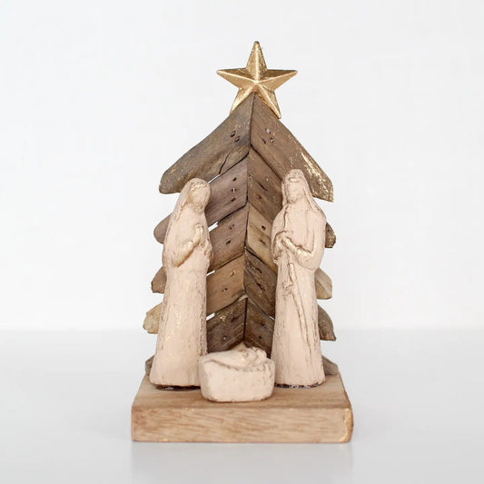 DEK Driftwood Holy Family W/Tree (NAT/GO) 6.5"