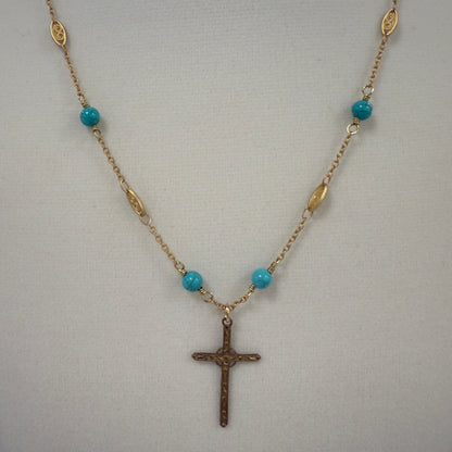 AB-N Slim Cross on Filigree Chain with Turq Beads