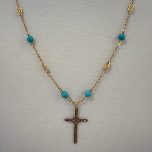 AB-N Slim Cross on Filigree Chain with Turq Beads