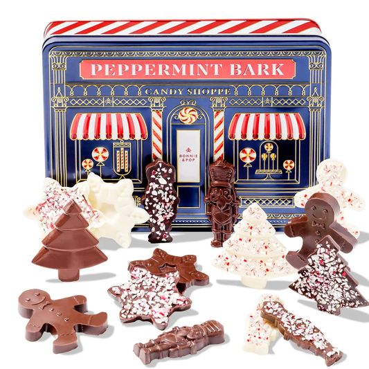 BNP Peppermint Bark Gift Tin W/Holiday Shaped Chocolates