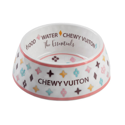 White Chewy Vuiton Dog Bowl - Medium 7.1"