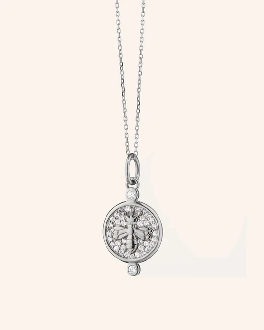 Sterling Silver Necklace with "Bee" Charm with Pave White Sapphires - 18"