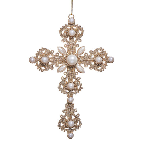 RZI Glitter & Pearl Cross Ornament 6.5"