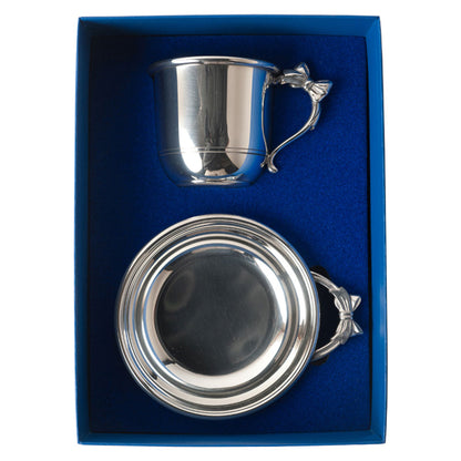 Pewter Bow Handle Porringer & Cup Set