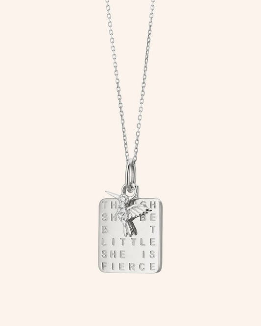 Sterling Silver Necklace with Square Charm & White Sapphire Hummingbird - 18"